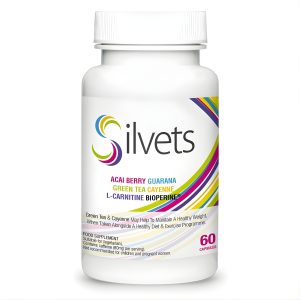 Silvets white bottle with colorful logo and ingredient list, showcasing Silvets weight loss capsules made with acai, green tea, guarana, cayenne, and L‑carnitine.