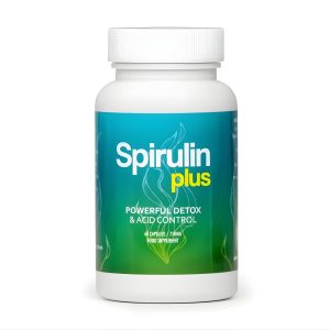 Spirulin Plus spirulina detox support bottle with green blue label, designed for detox, acid balance, and energy.