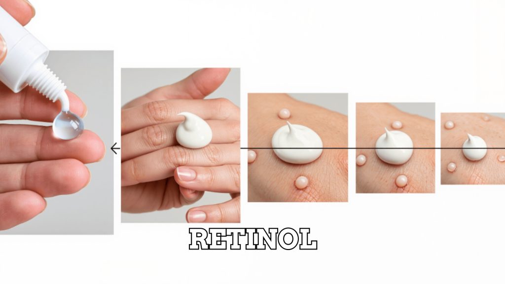 Beginner’s Guide to Retinol Without Redness Step-by-step diagram showing pea-sized retinol amount and buffering with moisturizer