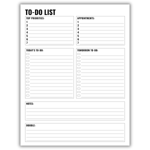 Simple to do list planner page with priorities, appointments, daily tasks, and notes sections
