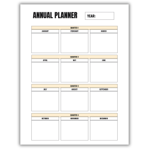 Minimalist annual planner with year box, quarterly sections, and monthly goal blocks