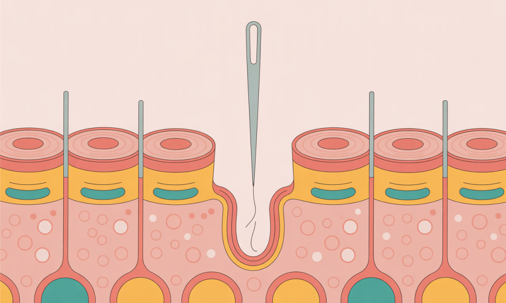An illustration showing the cross-section of skin with a needle releasing a tethered scar.