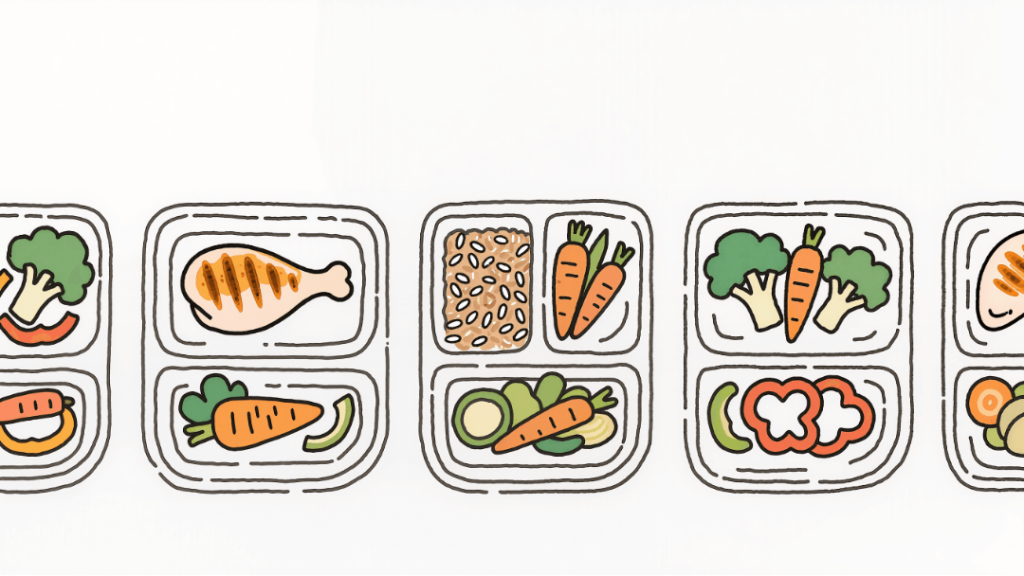 Healthy meal prep containers showing grilled chicken, brown rice, and colorful vegetables ready for the week.