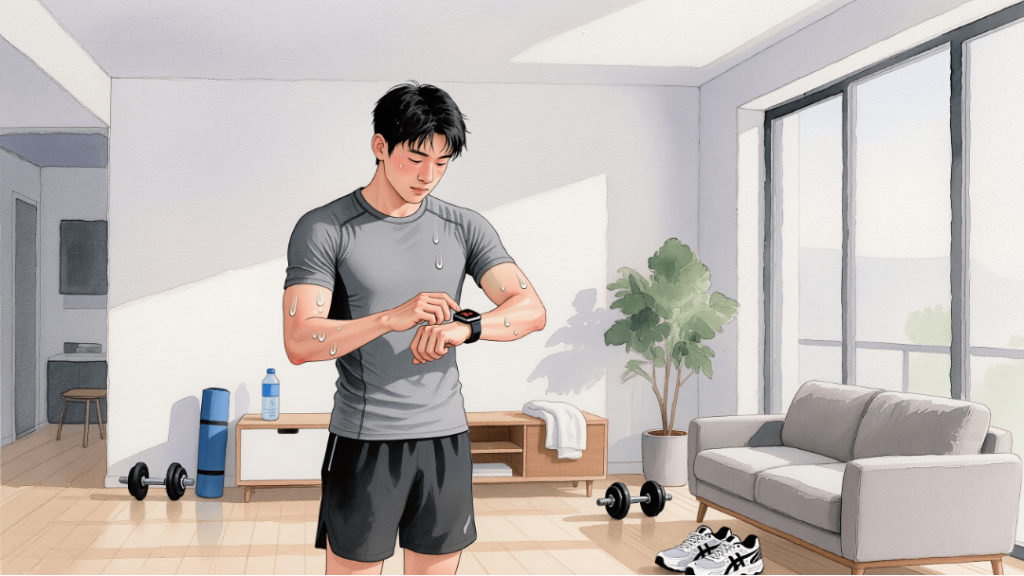 Man checking heart rate on smartwatch after high-intensity interval training at home.