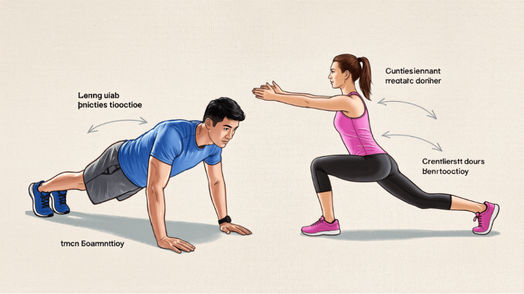 Diagram showing correct form for push-ups and squats for home fitness.