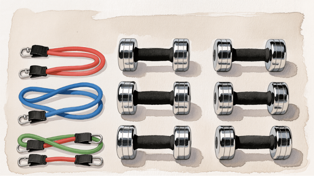 Set of dumbbells and resistance bands arranged neatly on a floor.