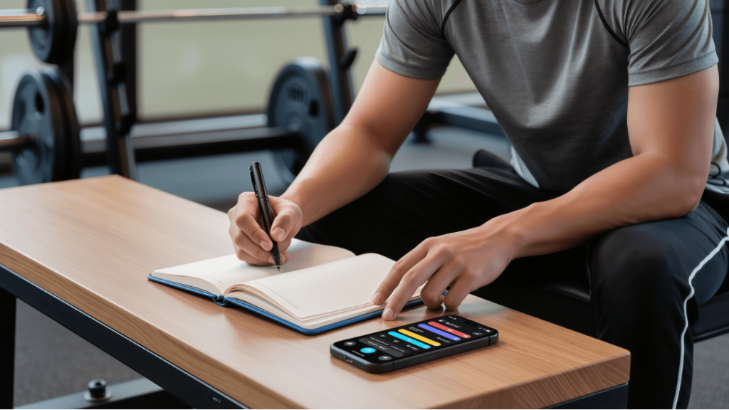 Person writing workout notes in a fitness journal next to a smartphone displaying a workout tracking app.