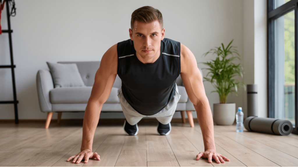  Fit adult performing a burpee in a small apartment space, demonstrating advanced HIIT progression.