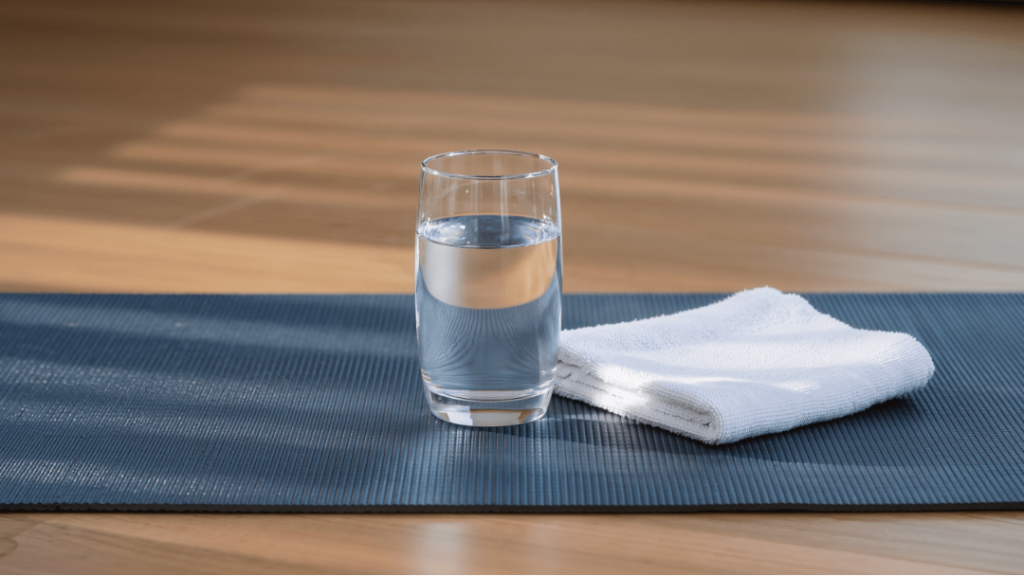 Glass of water, small towel, and yoga mat on the floor after a completed 10-minute HIIT session.