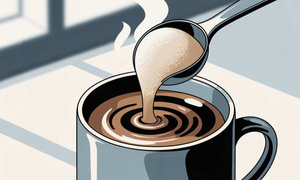 A scoop of collagen powder being stirred into a morning coffee.