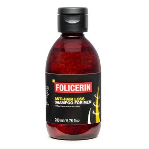 Folicerin hair loss shampoo red bottle with black label, powerful hair loss shampoo for men seeking thicker, fuller hair.