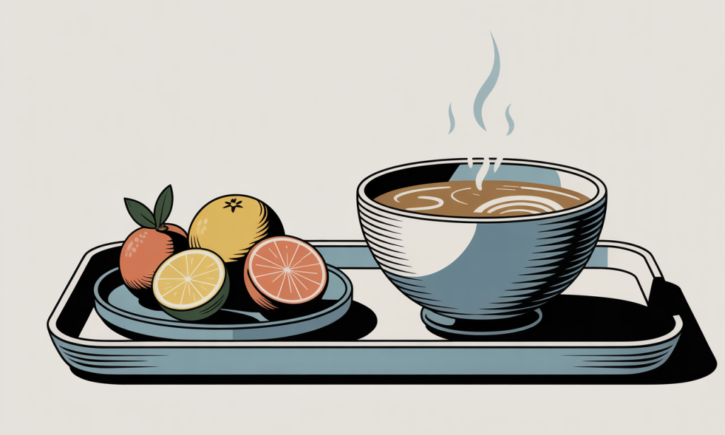 A bowl of warm bone broth and a plate of citrus fruit on a tray.