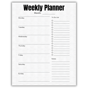 White weekly planner page with days, to-do list, and notes layout