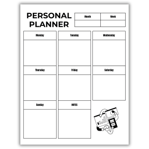 White personal planner page with weekly boxes, notes section, and business illustration