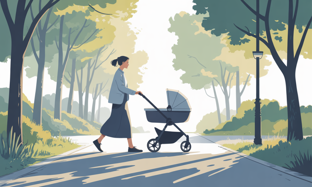 A mother pushing a stroller through a sunlit park path.