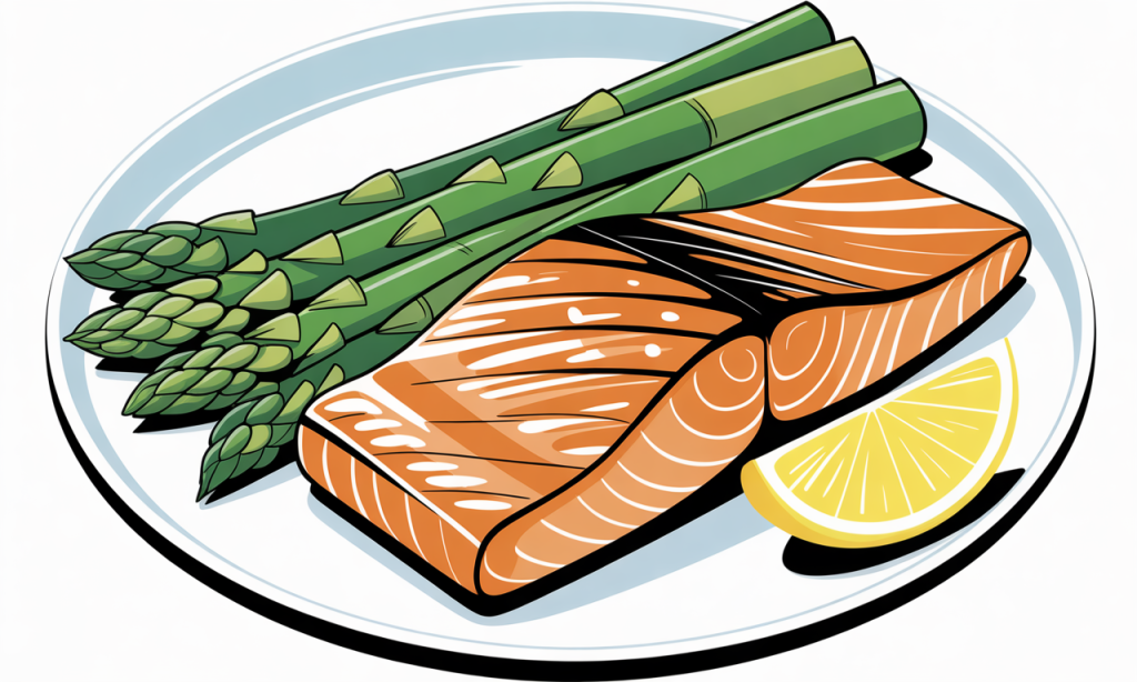 Grilled salmon fillet served with a side of asparagus and lemon.