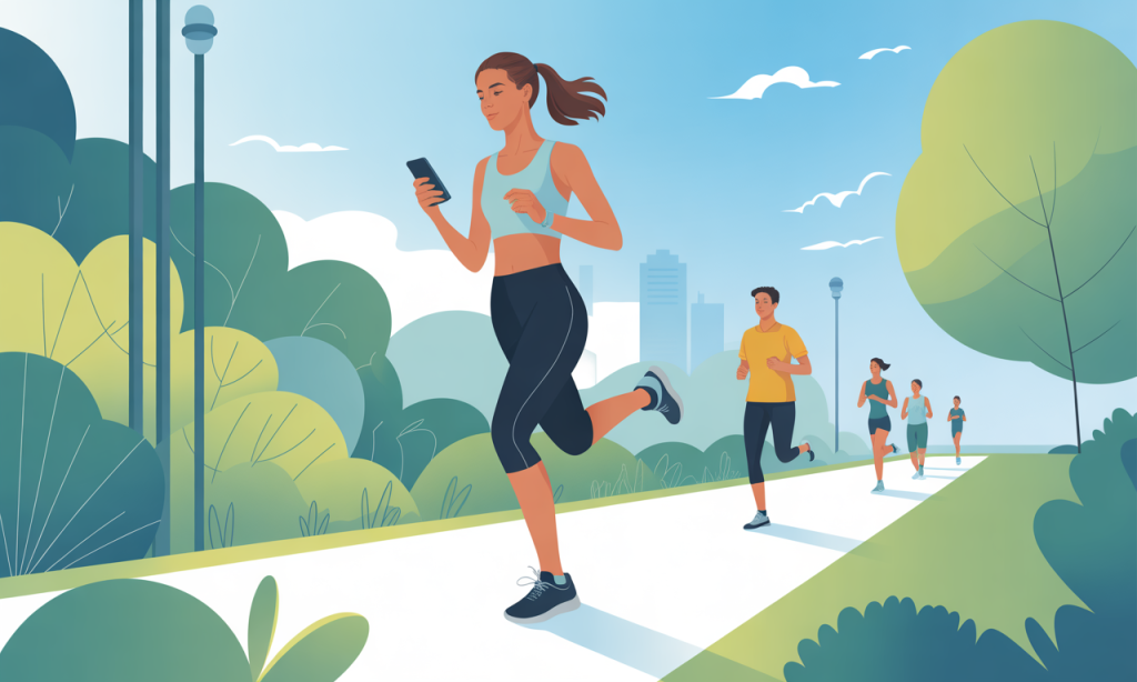 A woman checking her health stats on a phone while jogging in a park.