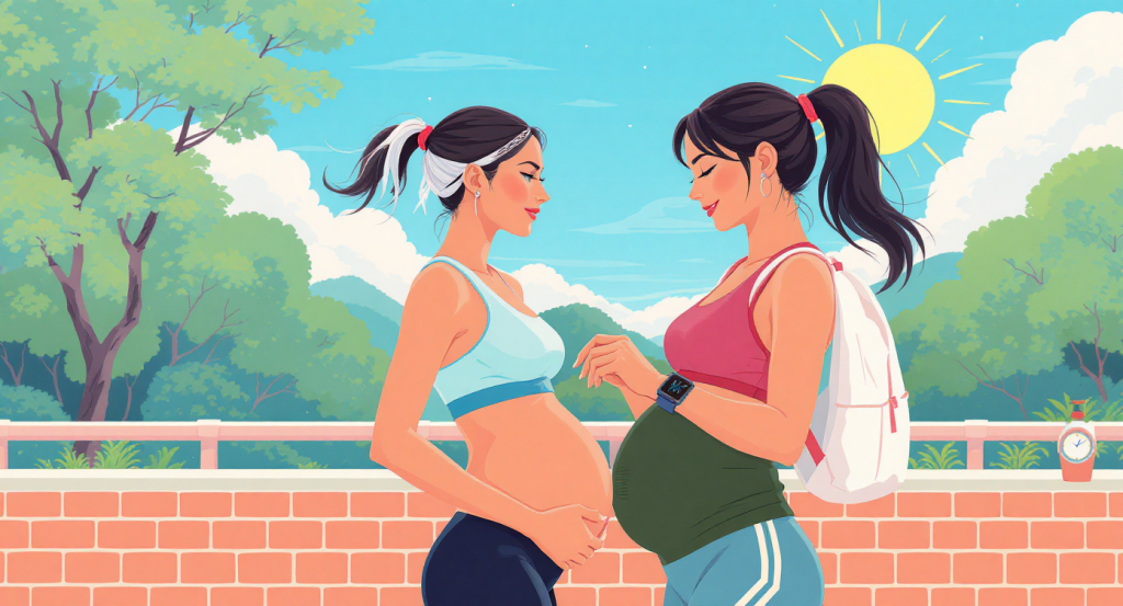 Active pregnant woman checking her heart rate on a smartwatch outdoors.