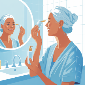 A radiant woman in her 50s applying serum in a sunlit bathroom mirror.