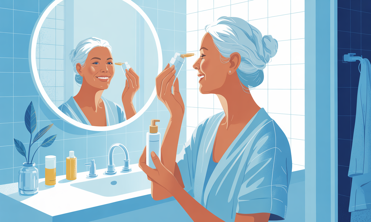 A radiant woman in her 50s applying serum in a sunlit bathroom mirror.