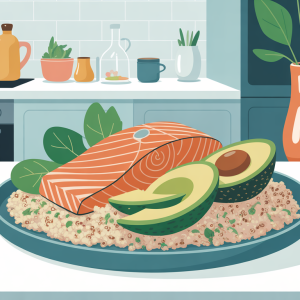 A vibrant, balanced postpartum meal with salmon, avocado, and quinoa on a kitchen table.