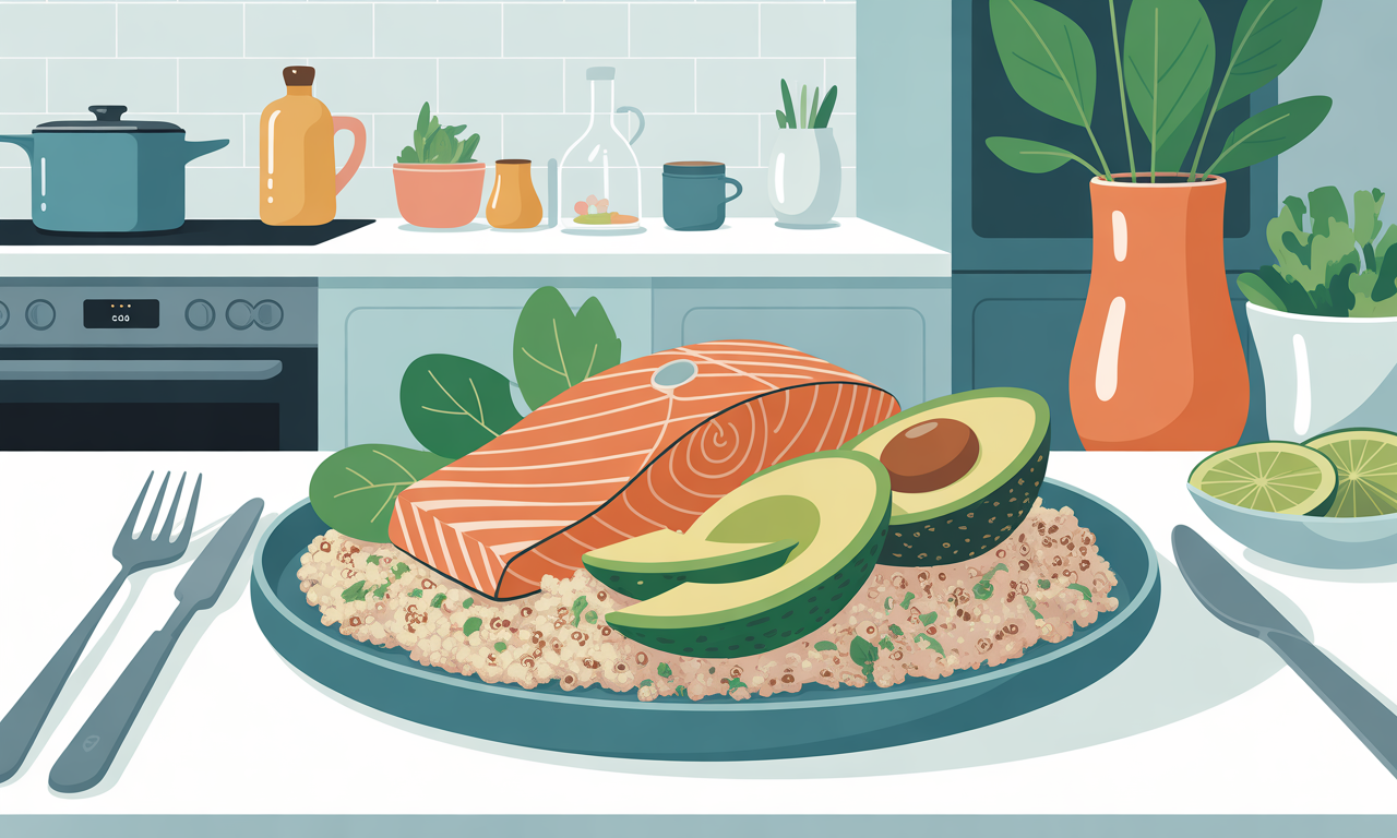 A vibrant, balanced postpartum meal with salmon, avocado, and quinoa on a kitchen table.