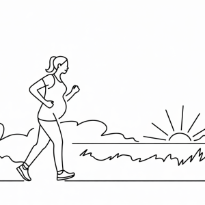 Active pregnant woman jogging lightly on a park trail during sunrise.