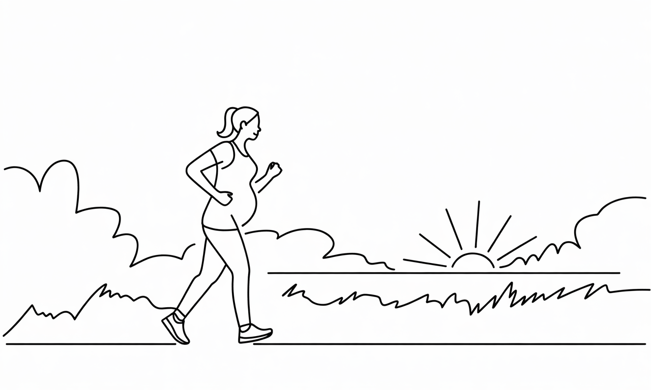 Active pregnant woman jogging lightly on a park trail during sunrise.