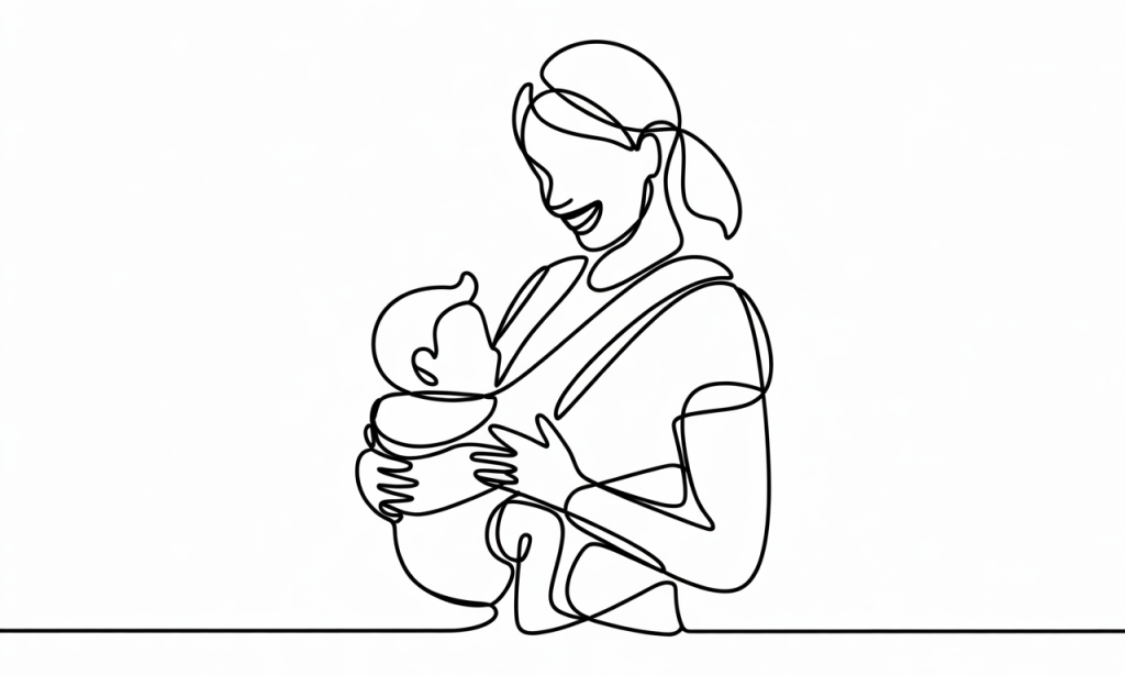 A smiling mother walking with her baby in a carrier outdoors.