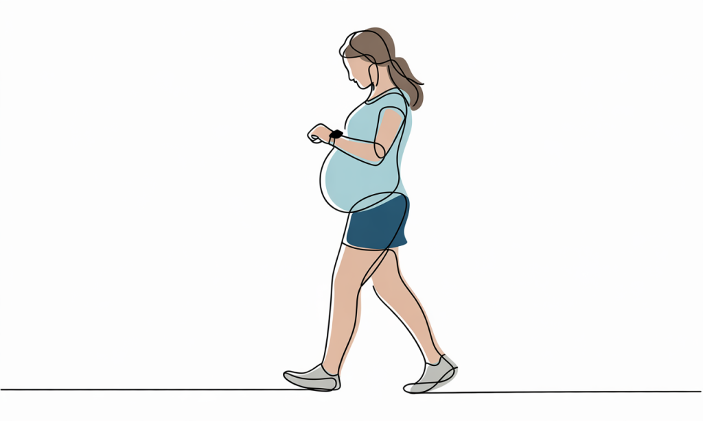 Pregnant woman checking her smartwatch during a walk.