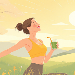 A smiling woman stretching in sunlight with a healthy green smoothie, representing the 3 simple steps to reset your hormones.