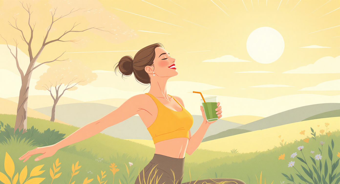 A smiling woman stretching in sunlight with a healthy green smoothie, representing the 3 simple steps to reset your hormones.