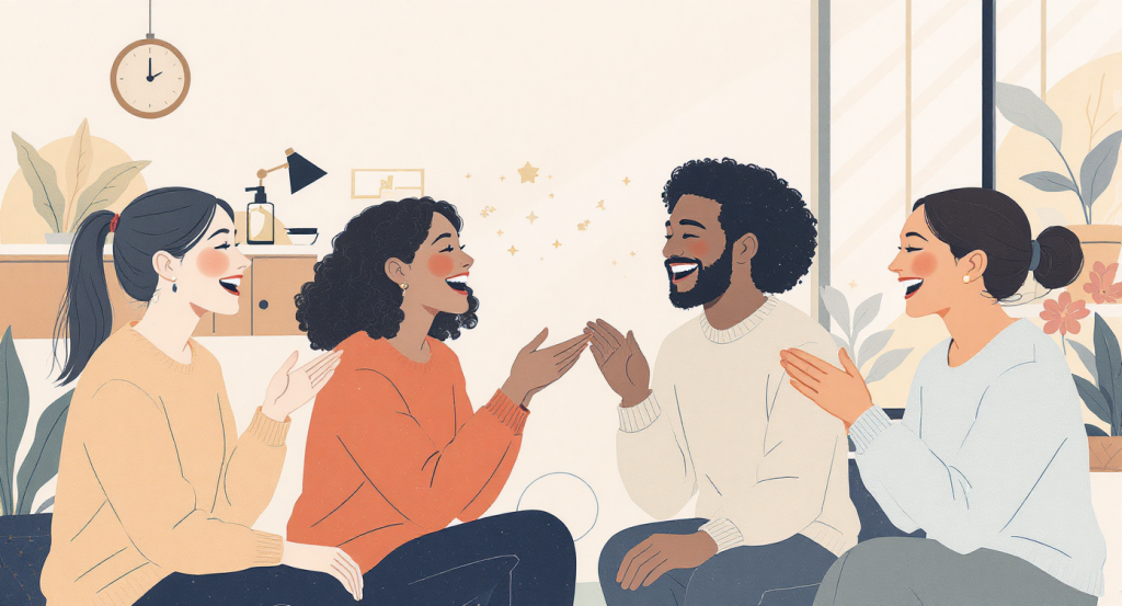 A group of friends laughing and connecting, promoting oxytocin release for hormone balance.