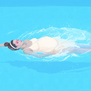Pregnant woman swimming freestyle in a clear blue pool.