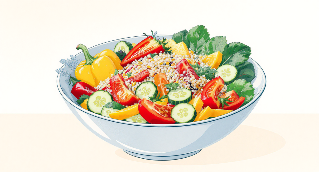 Quinoa salad bowl with vegetables offering complete protein for hormone synthesis.
