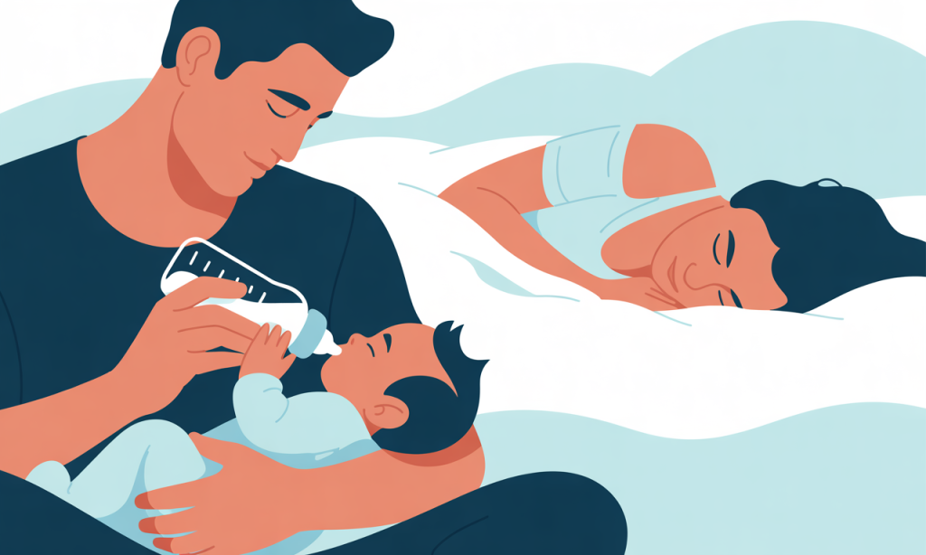 A father bottle-feeding a baby while the mother sleeps in the background.