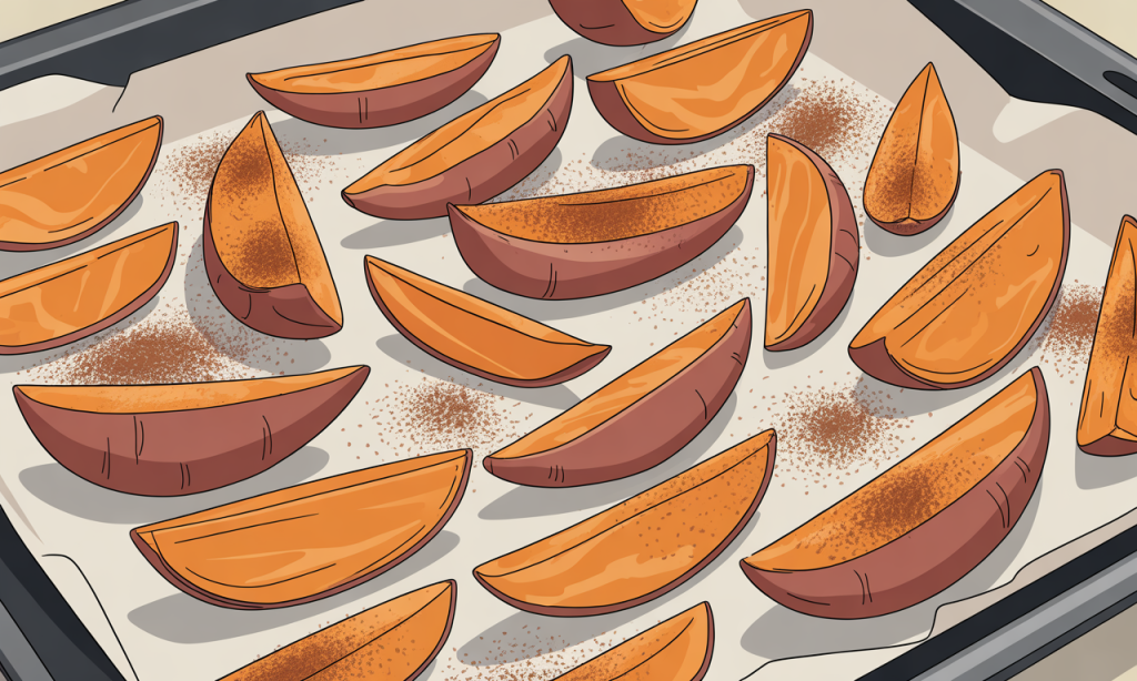 Roasted sweet potato wedges sprinkled with cinnamon on a baking sheet.