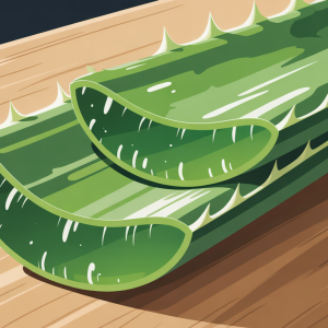 A fresh green aloe vera leaf cut open to reveal the clear gel inside, sitting on a wooden table.