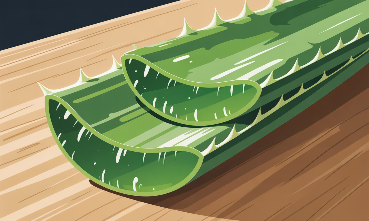 A fresh green aloe vera leaf cut open to reveal the clear gel inside, sitting on a wooden table.
