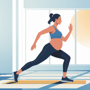 Pregnant woman doing low-impact aerobic exercise in a bright fitness studio