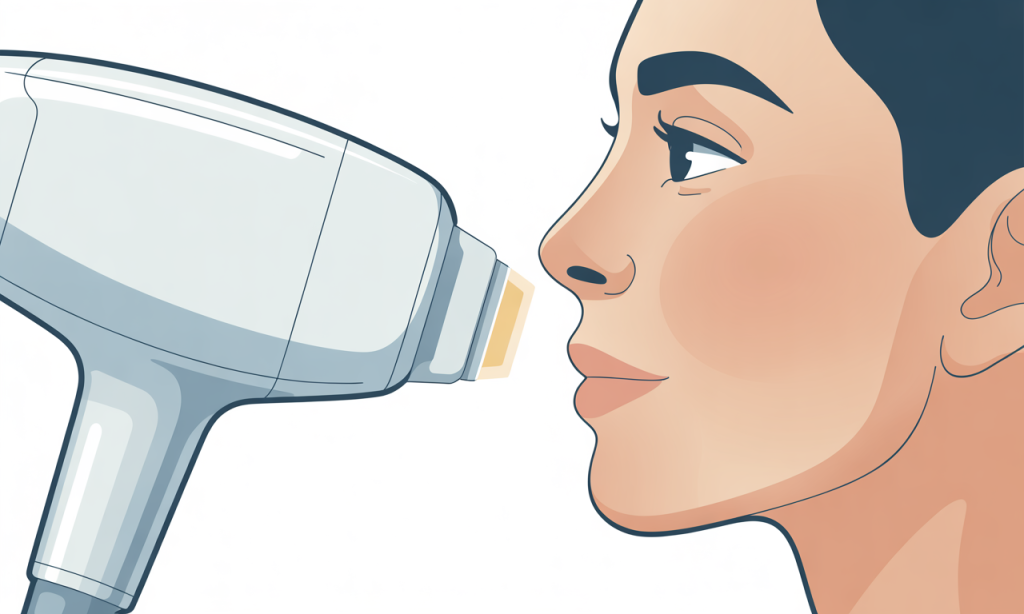 A close-up of a fractional laser device handpiece near a patient's cheek.