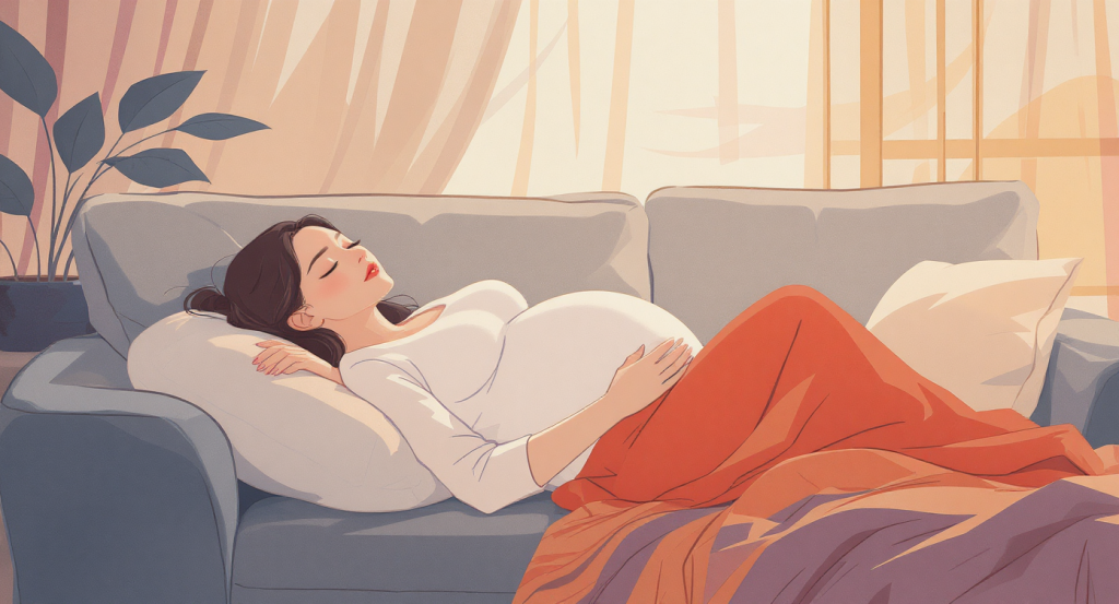 Pregnant woman napping on a sofa with a body pillow for support.