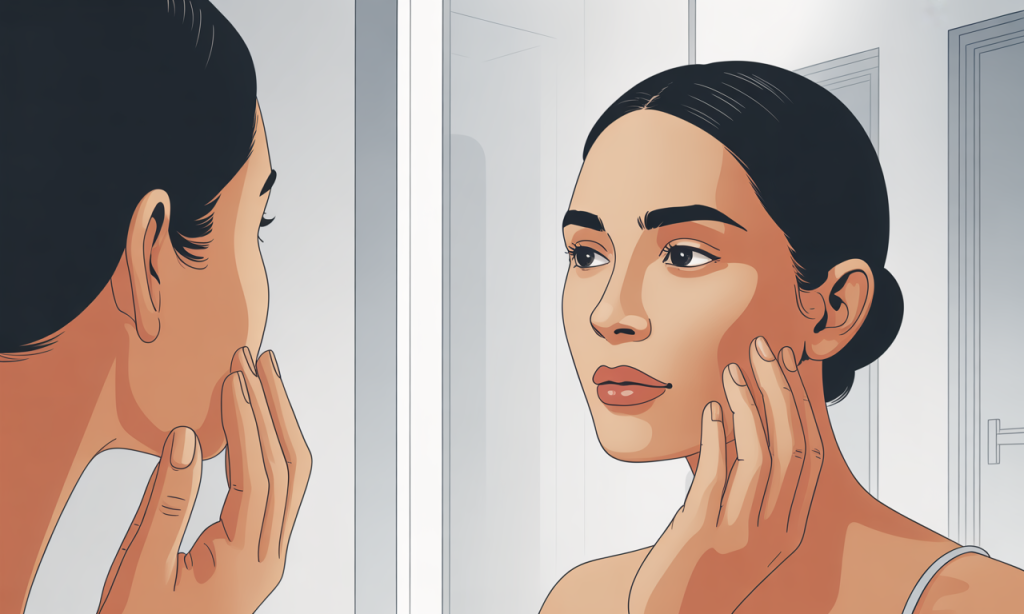 Close up of a woman looking in a mirror, touching her face.