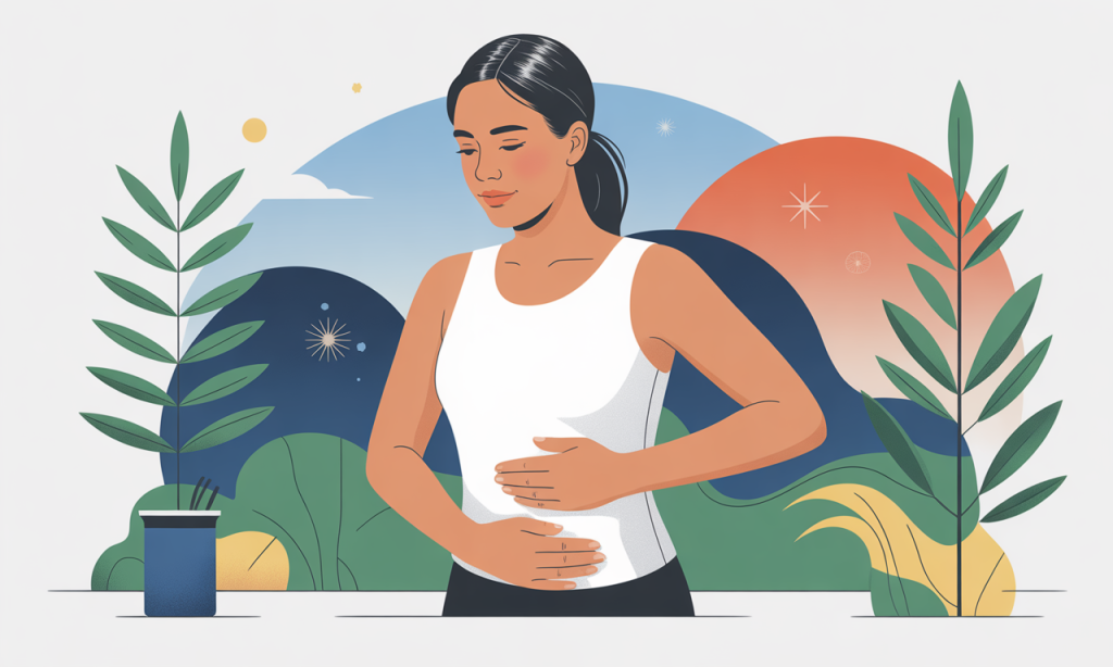 A woman practicing diaphragmatic breathing with her hand on her belly.