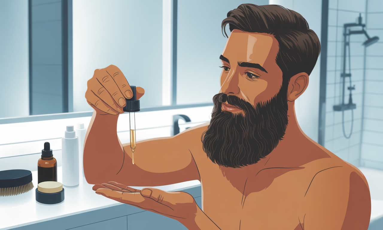 Man applying beard oil to prevent beardruff and dry skin under beard
