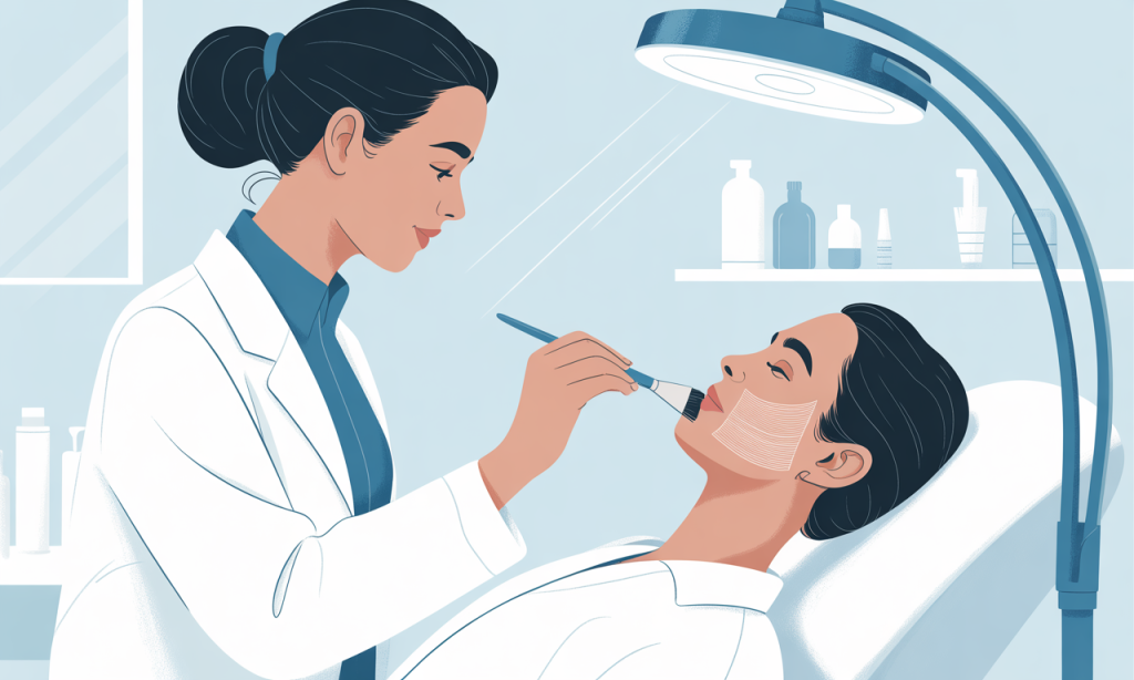 A dermatologist applying a chemical peel solution to a patient's face with a brush.