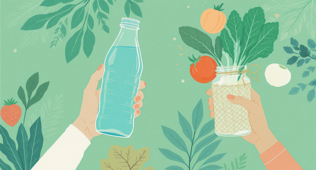 Hands holding a glass water bottle and fresh organic vegetables, showcasing a plastic-free and toxin-free lifestyle.