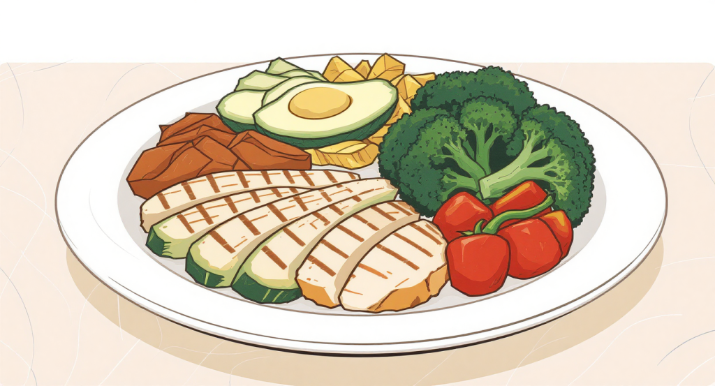 A balanced plate showing protein, healthy fats, and fiber-rich vegetables for blood sugar stabilization.