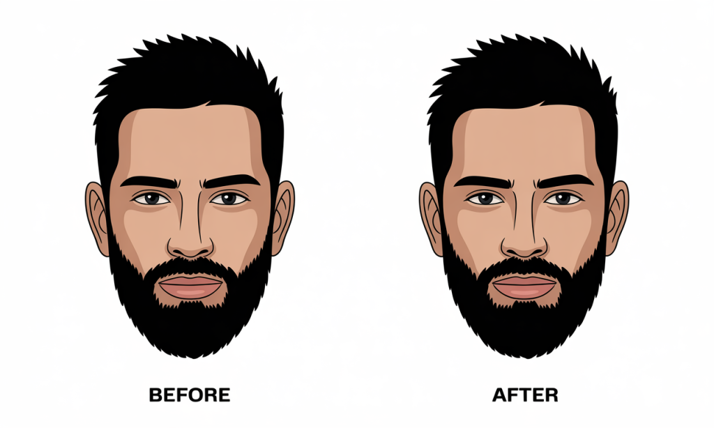 Before and after comparison showing beard health improvement after implementing beardruff prevention routine