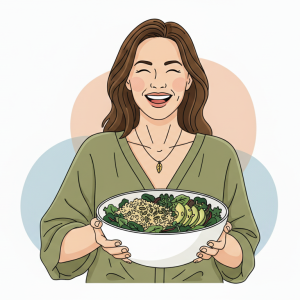 Woman aged 40 smiling while eating a healthy bowl of quinoa, greens, and avocado, representing natural hormone balance.